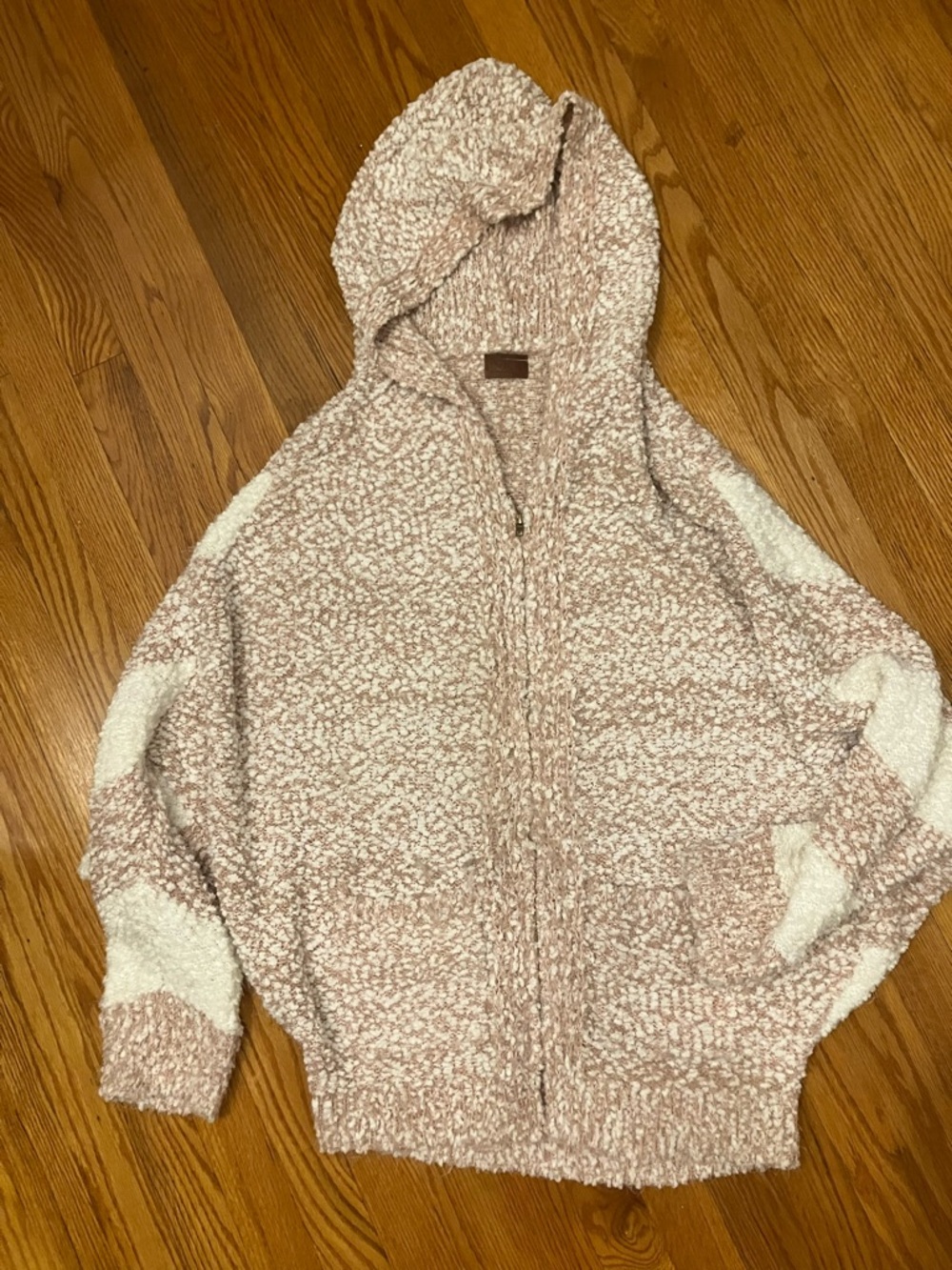 POL Hooded Sherpa Zip-Up Sweater in Blush and Cream